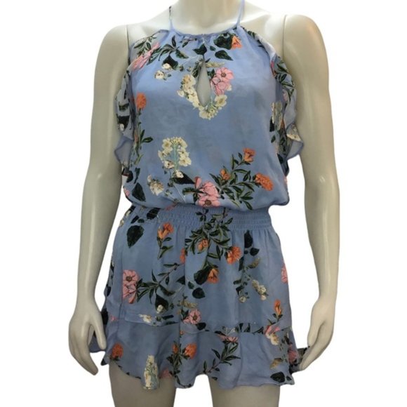 Parker Blue Floral Print Halter Ruffle Mini Dress 100% Silk Medium - Picture 2 of 9